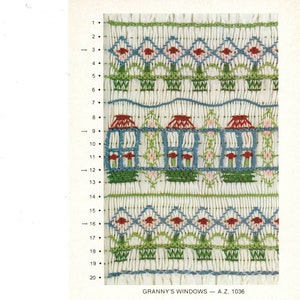 May include: A black and white diagram showing a smocking pattern called "Granny's Windows" with the design number A.Z. 1036. The pattern is for a garment with a series of rows of small houses with windows and red roofs, and rows of flowers with green leaves and pink and white petals.