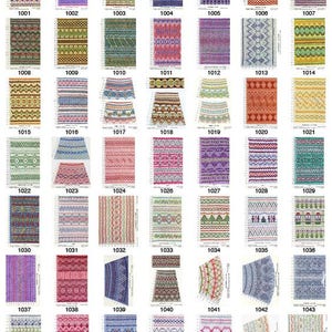 May include: A collection of 50 textile design swatches, each with a unique pattern and color scheme. The designs include geometric shapes, stripes, and floral motifs. Each swatch is labeled with a four-digit number, such as 1001, 1002, and 1003.