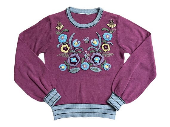 Vintage 70s Bumblebee & Flowers Sweater - Cute Hi… - image 1