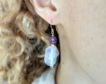 Amethyst dangle: two different shapes and colors of this gemstone on 14K gold filled earwires