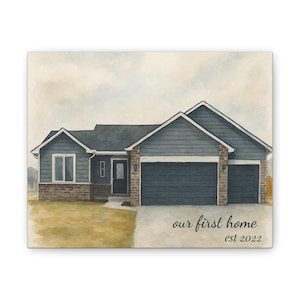 Canvas Stretched, Watercolor First Home Portrait - Housewarming Gift, Wedding Present, Homeowner Wall Decor, New Home Gift, Real Estate