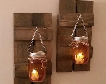 Pallet Wood Shutters / Mason Jar Lanterns / Pair  / Rustic Wooden Wall Sconce