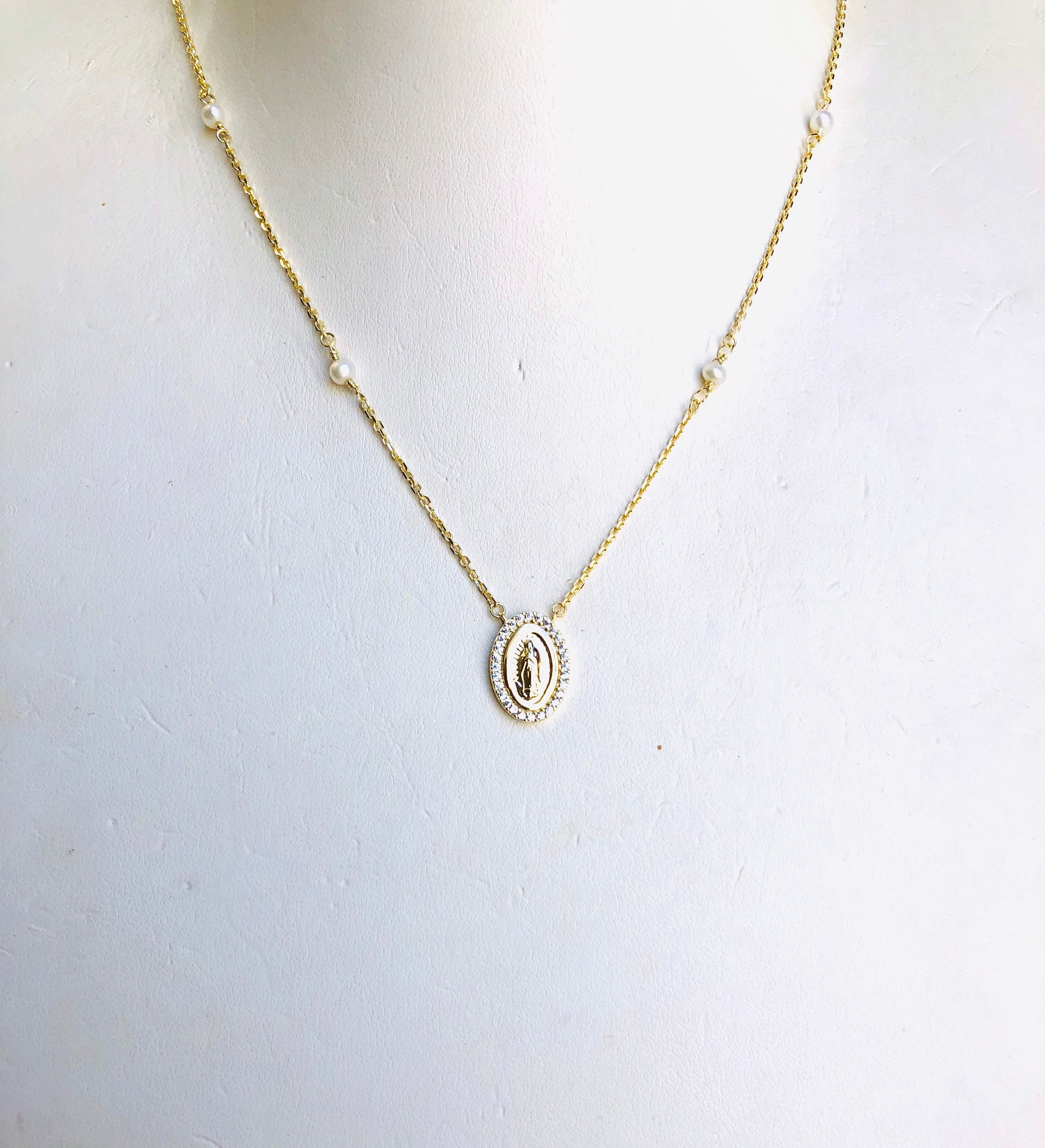 14K Yellow Gold Rosary Guadalupe Pearl Necklace