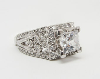 18K Engraved Vintage Look White Gold Diamond Engagement Ring