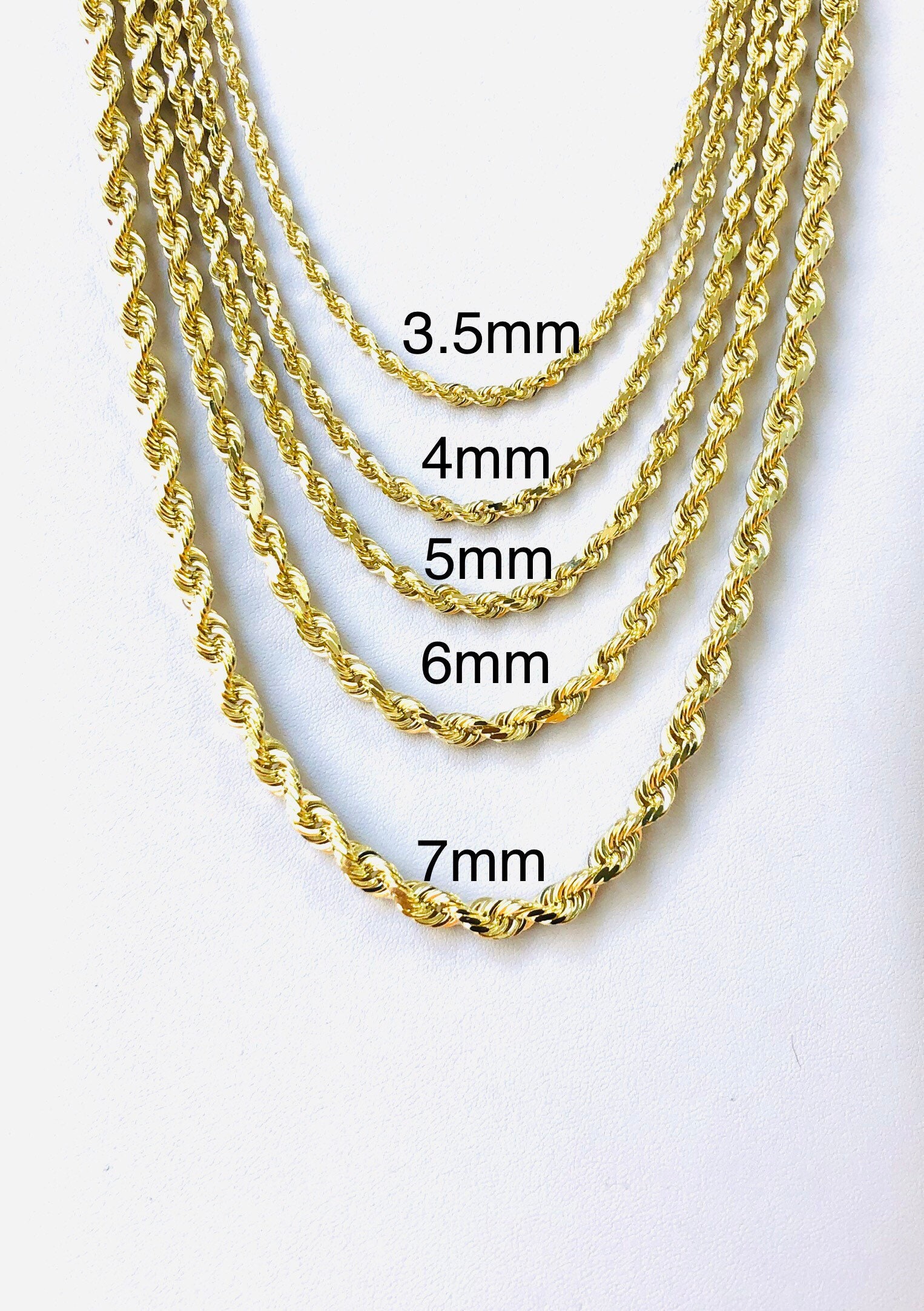 14K 7mm solid yellow gold diamond cut rope chain