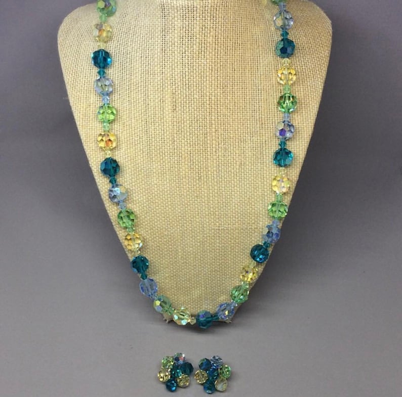 Vintage Beaded Necklace and Earrings Set; Blue Green Aurora Borealis Glass Beads; Multifaceted Crystal