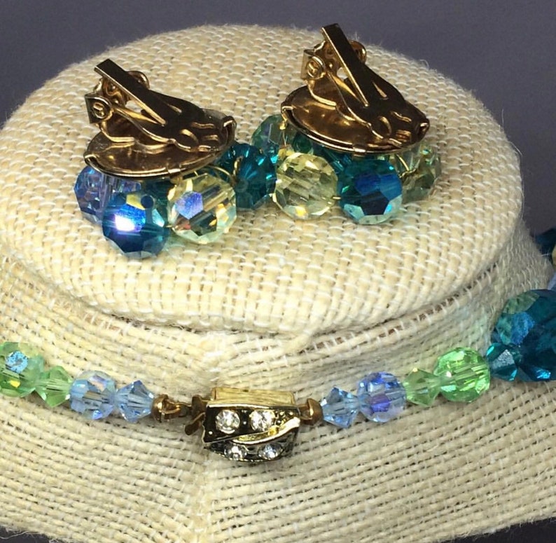 Vintage Beaded Necklace and Earrings Set; Blue Green Aurora Borealis Glass Beads; Multifaceted Crystal