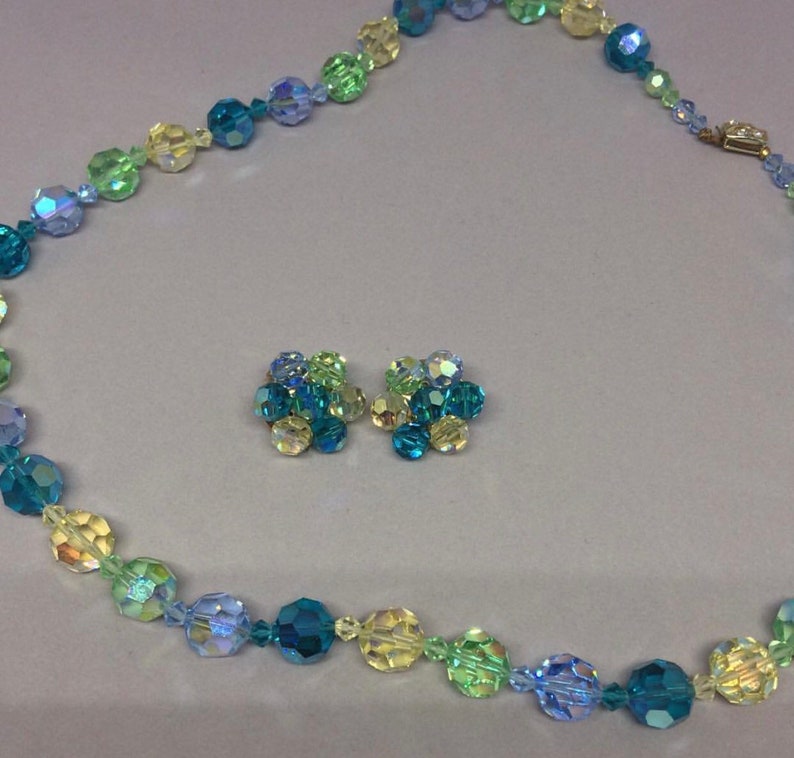 Vintage Beaded Necklace and Earrings Set; Blue Green Aurora Borealis Glass Beads; Multifaceted Crystal
