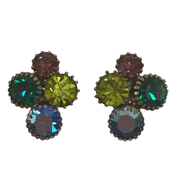 Vintage Spring Multicolor Rhinestone Clip Earrings - image 4