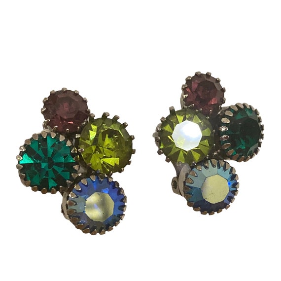 Vintage Spring Multicolor Rhinestone Clip Earrings - image 6