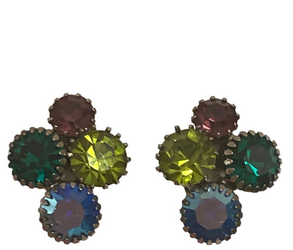 Vintage Spring Multicolor Rhinestone Clip Earrings - image 2