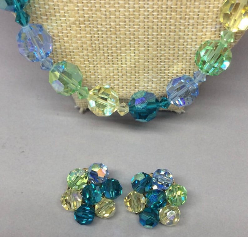 Vintage Beaded Necklace and Earrings Set; Blue Green Aurora Borealis Glass Beads; Multifaceted Crystal