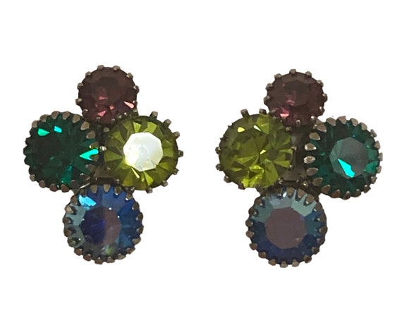 Vintage Spring Multicolor Rhinestone Clip Earrings - image 3