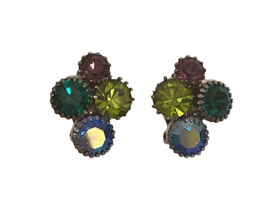 Vintage Spring Multicolor Rhinestone Clip Earrings - image 1