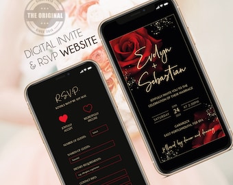 Digital Wedding Invitation & RSVP - Mini Wedding Website - Red Roses  - Modern - Electronic Mobile Invite