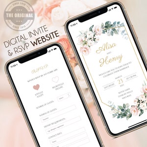 Digitale Einladung & Antwortkarten - Mini-Hochzeitswebsite mit rosa Rosen und goldenem Rahmen - Personalisierte elektronische Einladung fürs Handy