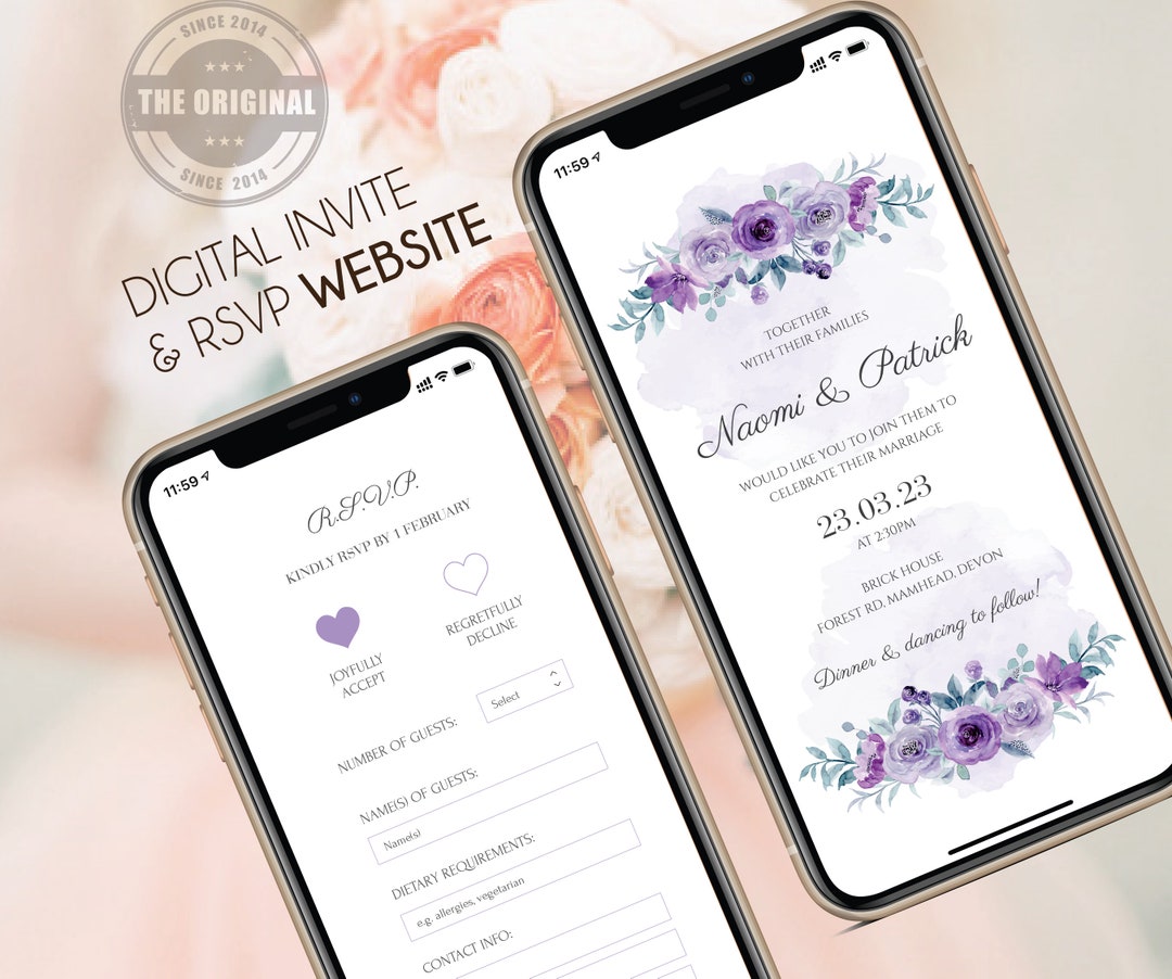 Digital Invitation & RSVP Mini Wedding site Purple Lavender Lilac