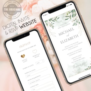 Digitale Hochzeitseinladung & RSVP - Mini Hochzeitswebsite - Grün mit Gold - Elegant - Personalisierte elektronische Mobile Invite