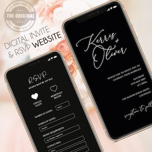 Digitale Hochzeitseinladung und RSVP – Mini-Hochzeits-Website – Schwarz, modern – minimalistisch – personalisierte elektronische mobile Einladung