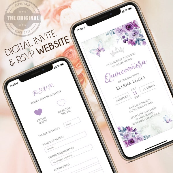 Digital Birthday Invitation & RSVP - Mini Birthday Website - Interactive - Purple Butterflies - Quinceanera - Electronic Mobile Phone Invite
