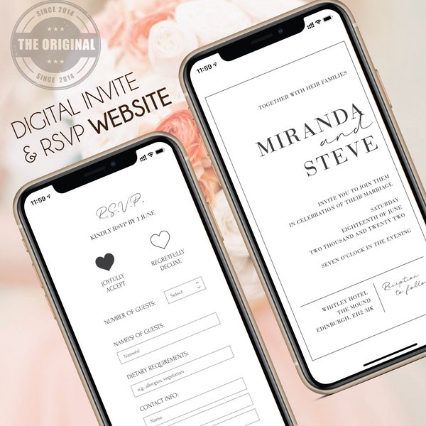 Digital Wedding Invitation & RSVP - Mini Wedding Website - Modern Fonts - Minimalistic - Personalized Electronic Mobile Smartphone Invite