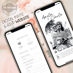 Digitale Hochzeitseinladung & Antwort - Mini Hochzeitswebsite - Großes Foto - Minimalistisch - Elektronische Mobile Invite - Schwarz Weiß Foto