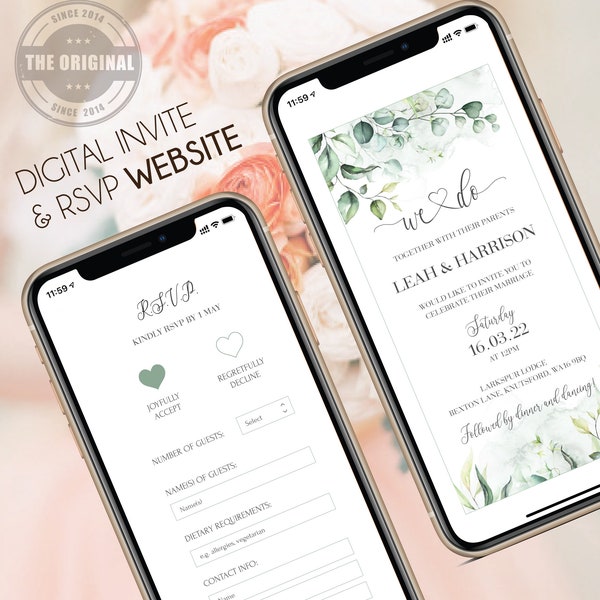 Digital Wedding Invitation & RSVP - Mini Wedding Website - Greenery Eucalyptus - Rustic Modern - Personalized Electronic Mobile Invite