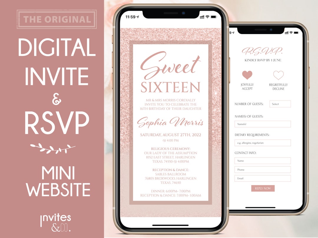 Digital Birthday Invitation & RSVP Mini Birthday site Pink Glitter