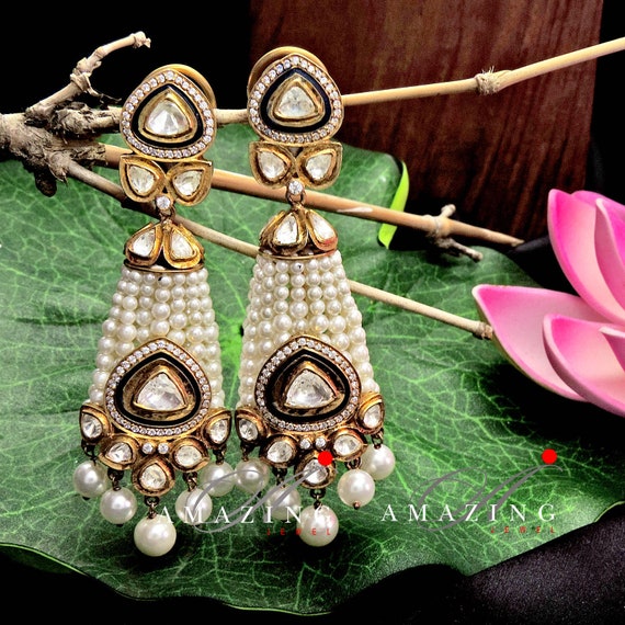 Silver Moissanite Earring Pearl Jhumka Indian Wedding Jewelry
