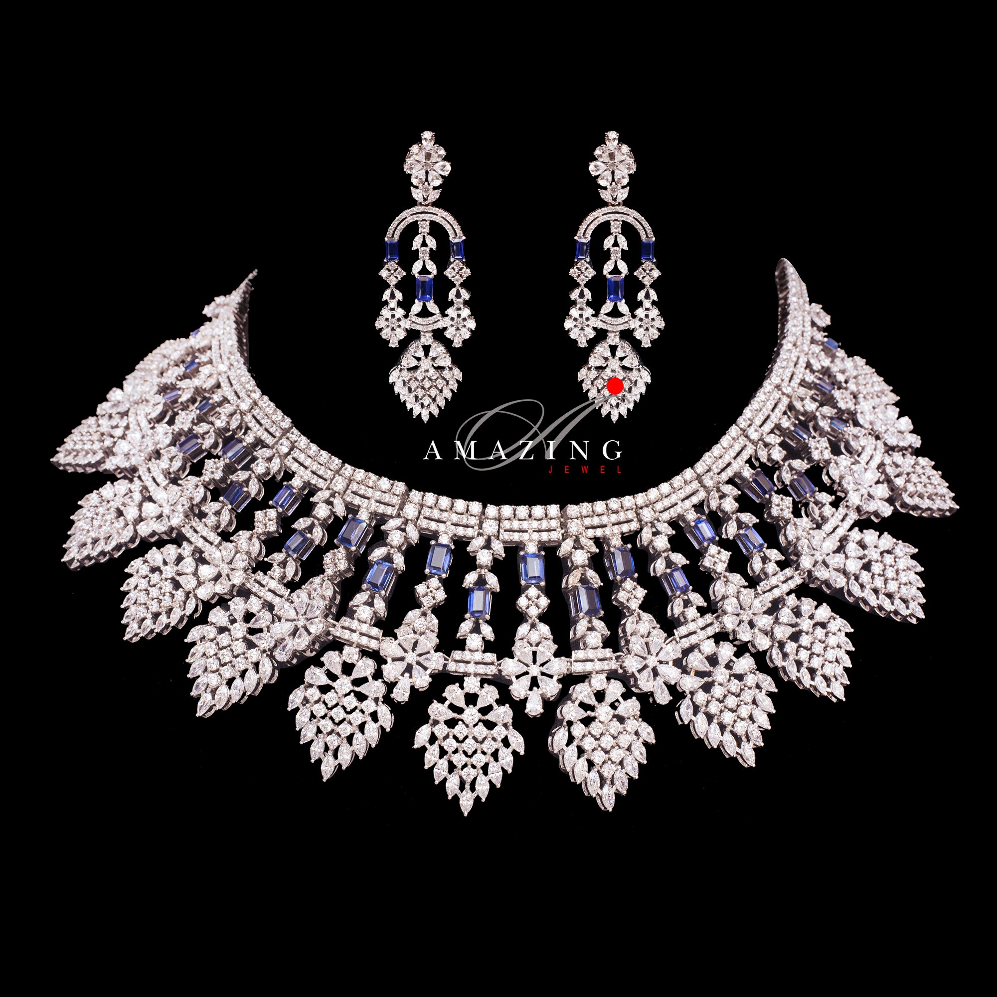 Silver Swarovski & Blue Sapphire Set Indian Wedding Jewelry Set Indian