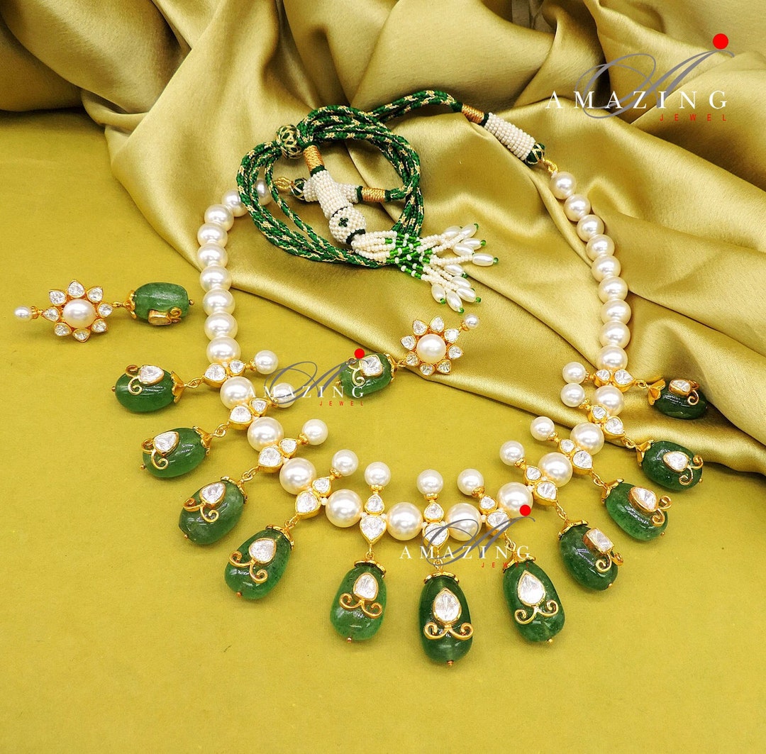 Silver Moissanite Polki Hydro Emerald Tumble, Indian Wedding