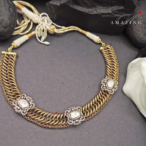 Silver Moissanite Polki  Chain Necklace, Polki Necklace, Wedding Jewellery, Indian Traditional Jewellery, Bridal Necklace,Statement Necklace