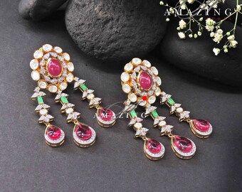 Silver Moissanite Polki Ruby Earring, Silver Earring, Polki Earring,  Wedding Jewellery, Traditional Jewellery, Long Silver Polki Earring