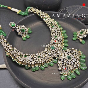Silver Moissanite Polki Victorian Necklace, Bridal Set, Wedding Jewelry, Indian Jewelery, Necklace, Polki Necklace, Oxidised Necklace Set