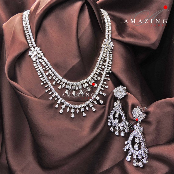 Silver Clear Swarovski Crystal Necklace 8428 & Earrings 8429 Jewelry Set