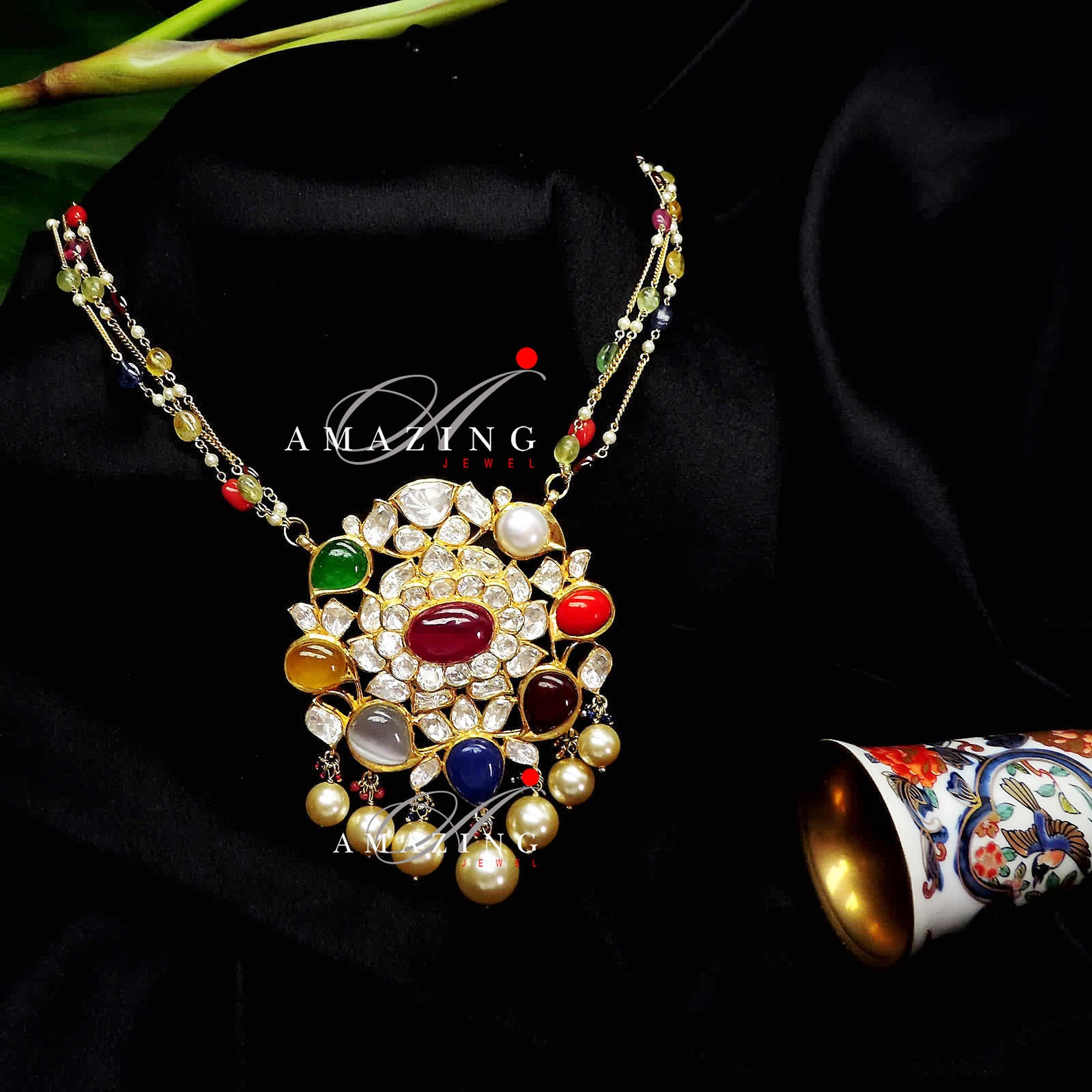 Silver Semi Precious Navratna Stone Set Indian Wedding Jewelry Set