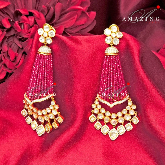 Buy Real Polki Diamond Stud Earrings With Ruby Beads