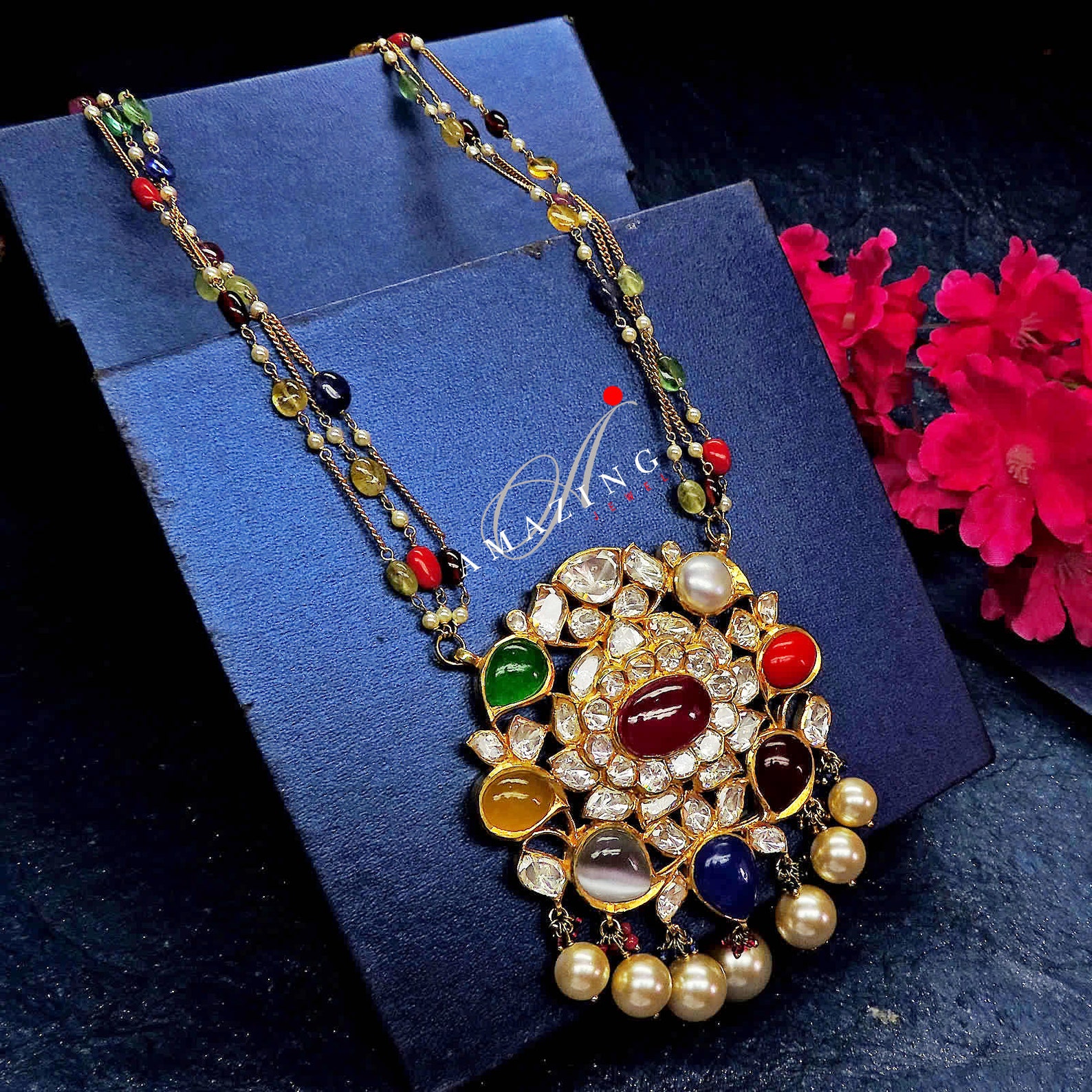 Silver Semi Precious Navratna Stone Set Indian Wedding Jewelry Set