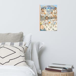 May include: A rectangular wall poster featuring a New Yorker magazine cover illustration. The artwork depicts a stylized basketball court scene with multiple caricatured players in white and blue uniforms, orange basketballs, and a crowd of tiny figures.