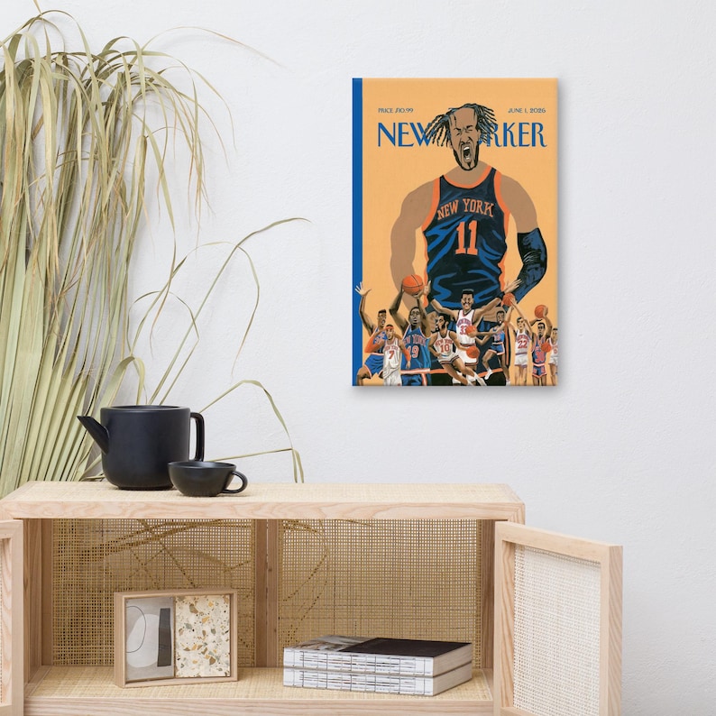 K&ouml;nnte beinhalten: Gerahmter Druck eines New Yorker-Magazin-Covers. Das Kunstwerk zeigt einen Basketballspieler in einem blauen Trikot mit der Nummer 11. Das Cover hat einen gelben Hintergrund und zeigt andere Basketballspieler.