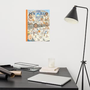 May include: A rectangular print of The New Yorker magazine cover featuring a colorful caricature illustration of basketball players in white and orange uniforms on a court, with the magazine title text at the top and a bright orange vertical border.