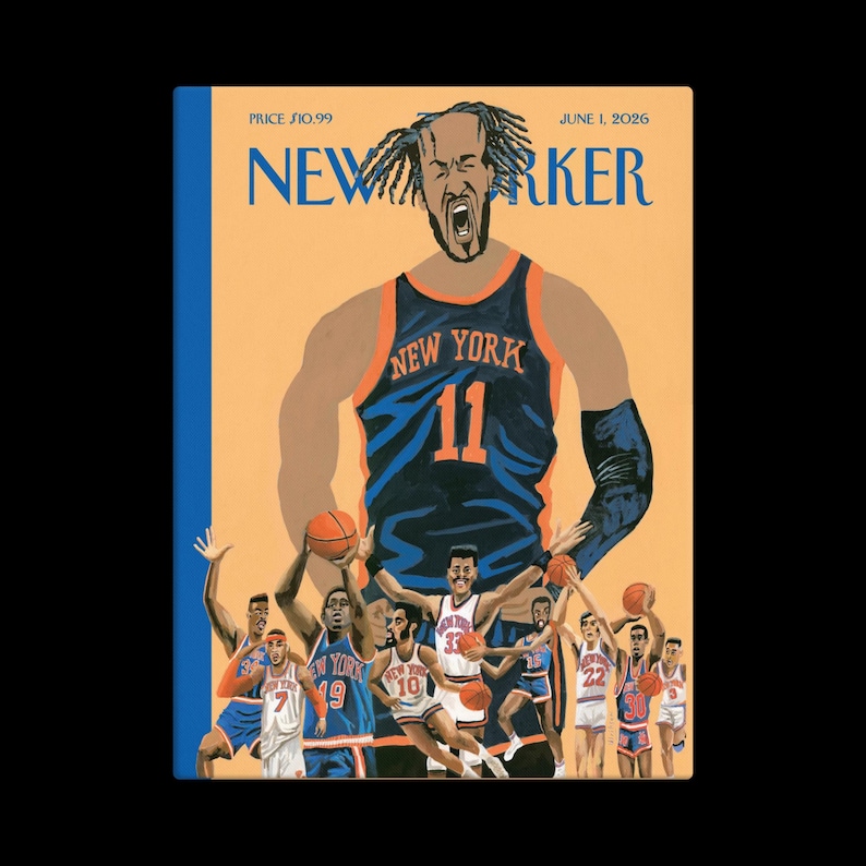 K&ouml;nnte beinhalten: Das Cover des New Yorker Magazins zeigt einen Basketballspieler in einem New York Knicks-Trikot mit der Nummer 11. Die Illustration enth&auml;lt weitere Spieler und Basketb&auml;lle. Der Text "PRICE $10.99" und "JUNE 1, 2026".