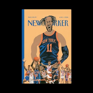 K&ouml;nnte beinhalten: Eine Magazin-Cover-Illustration mit einem Basketballspieler in einem New York Knicks-Trikot mit der Nummer 11. Das Cover tr&auml;gt den Text "NEW YORKER" und das Datum "1. Juni 2026". Weitere Basketballspieler sind im Hintergrund.
