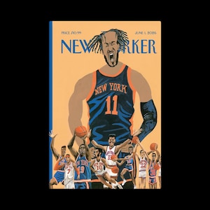 K&ouml;nnte beinhalten: Eine Illustration des New Yorker-Magazin-Covers mit einem Basketballspieler in einem New York Knicks-Trikot mit der Nummer 11. Das Cover enth&auml;lt den Text "NEW YORKER", "PREIS 10,99 $US" und "1. JUNI 2026". Weitere Basketballspieler sind im Hintergrund.