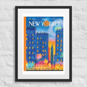 Puede incluir: Una impresi&oacute;n enmarcada de la portada de la revista The New Yorker con fecha del 22 de junio de 2026. La ilustraci&oacute;n muestra edificios urbanos azules con ventanas amarillas brillantes, un bal&oacute;n de baloncesto sustituyendo la O del t&iacute;tulo y gente.