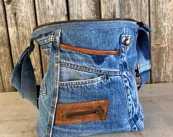 Sac en jean avec sac à bandoulière en cuir avec sac upcycling à longue bandoulière