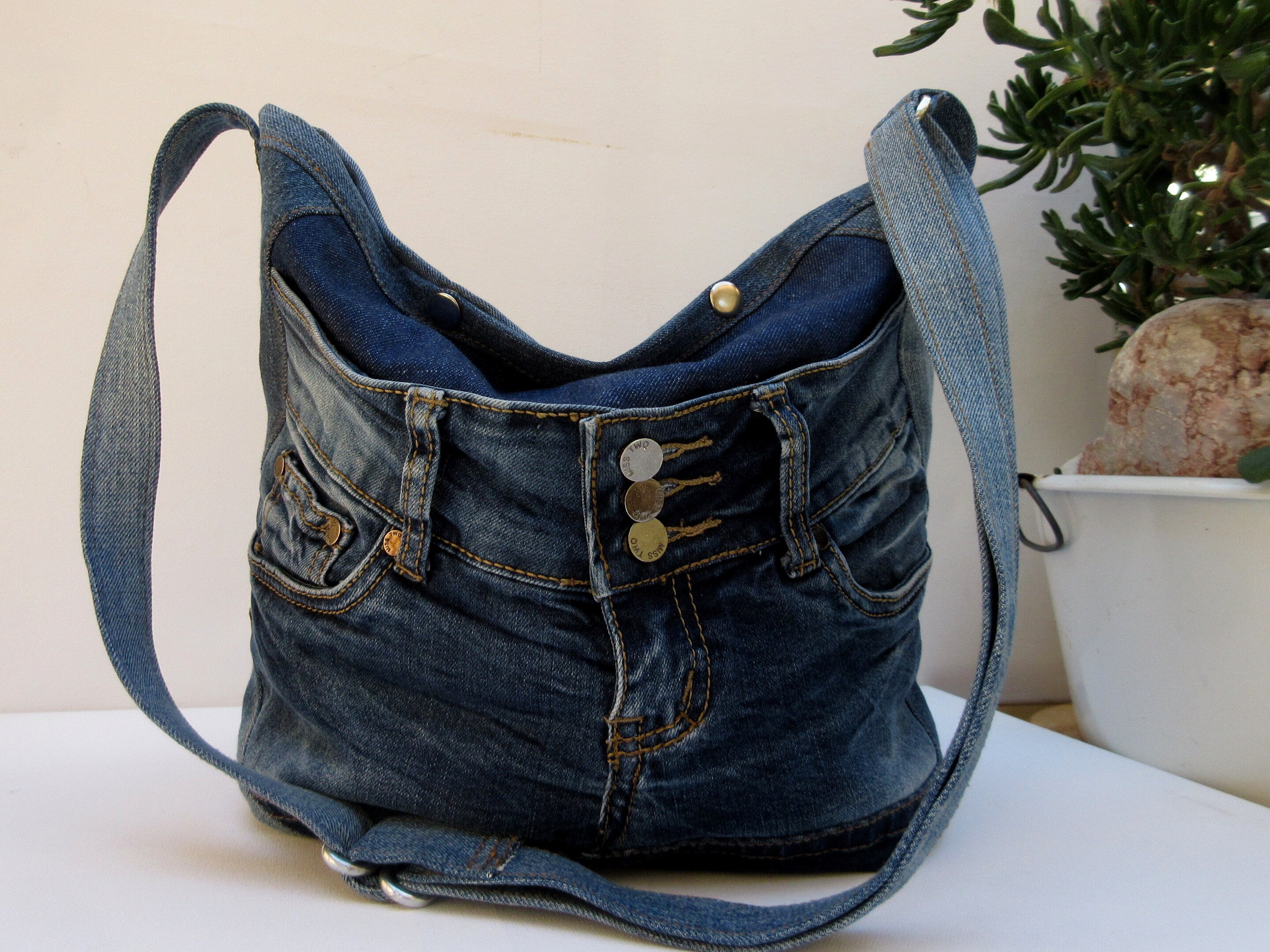 Drawstring Bucket Bag - Medium - Upcycled Denim, Cafe