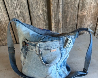 Jeans bag upcycled sustainable bag with bottom unique long strap