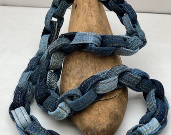 Collier de jeans en passants de jeans bleus, collier chunky cousu, bijoux textiles, 80 cm