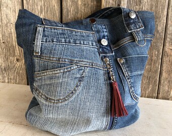 Comprador de bolso de jeans upcycling bolso de jeans grande con bolso hecho a mano en la parte inferior